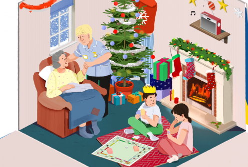Animation of a family at Christmas, with a Marie Curie nurse