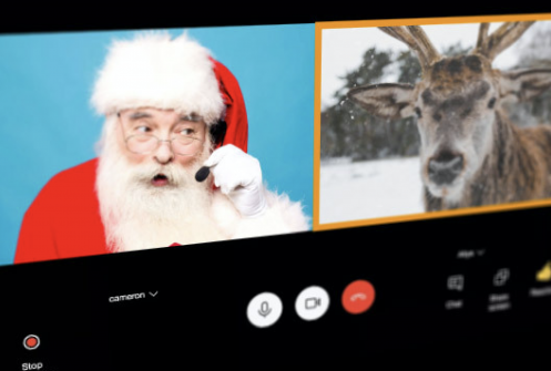 Santa and a reindeer on a video conference call