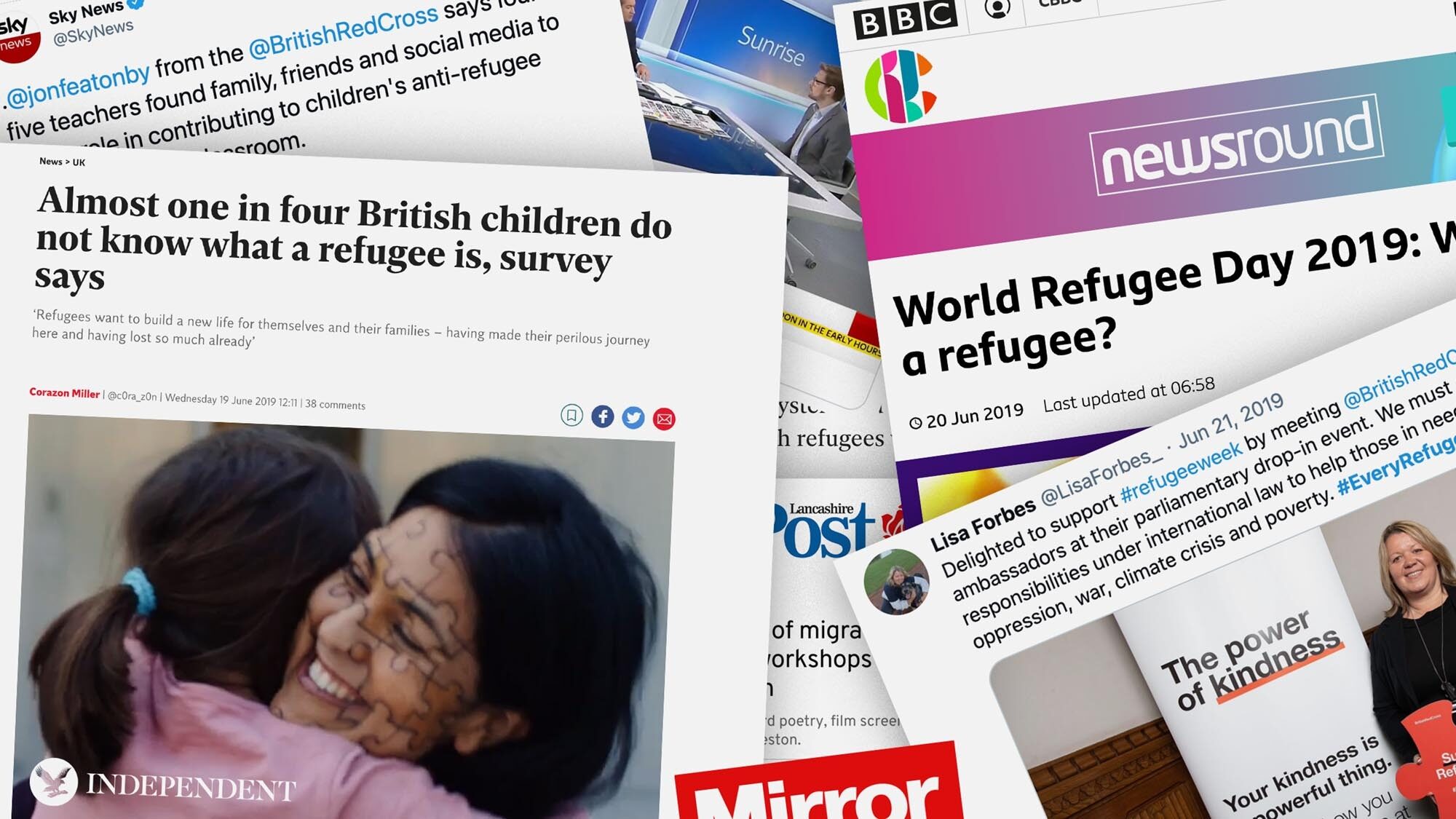 Collage of newspaper clippings from British Red Cross #RefugeeWeek video campaign