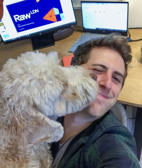 Rob Marks, Senior Account Manager at Raw London works from home with his pet dog, Barkley