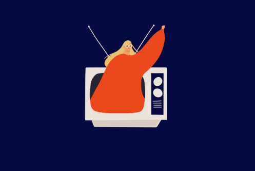 Illustration of woman waving from a TV fundraising ad