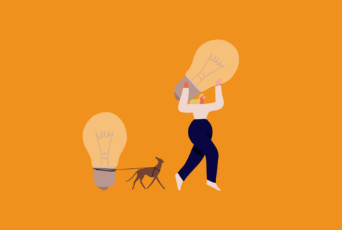 Illustration of a woman and a dog carrying lightbulbs
