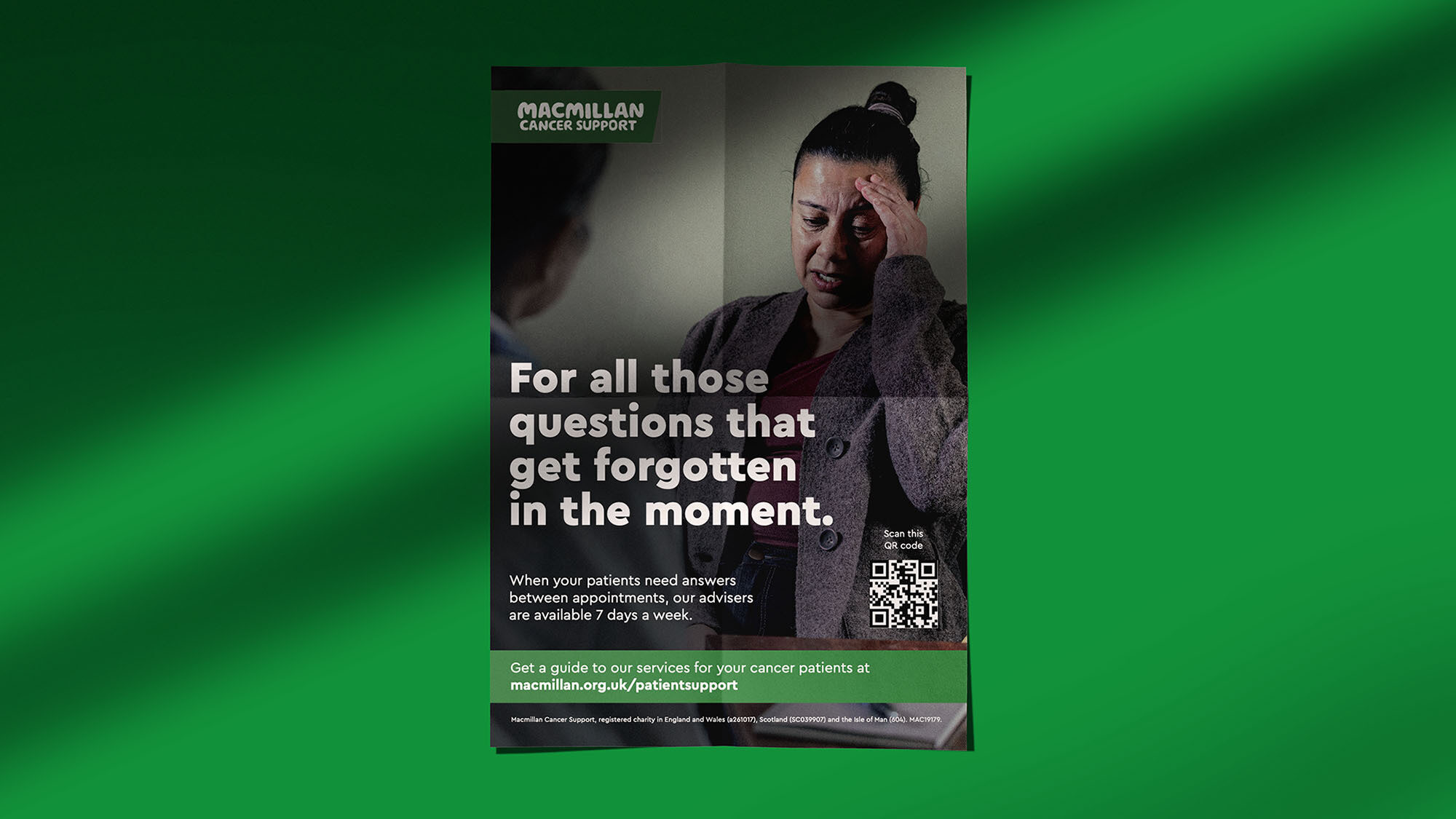 Print flyer digital asset from Macmillan's campaign reads: 'For all those cancer questions that get forgotten in the moment.'