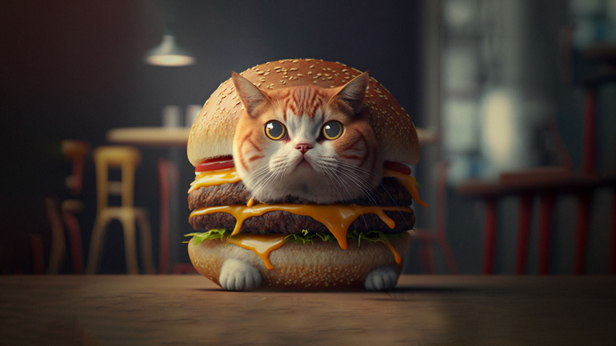 An AI generated image of a cat depicted as a cheeseburger